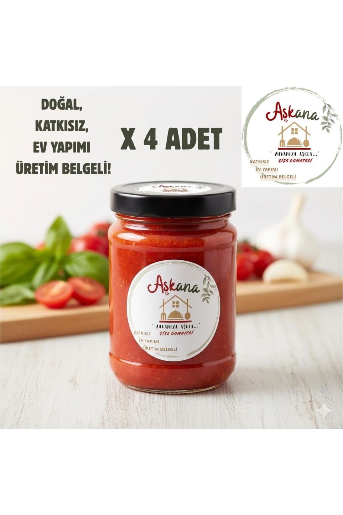 Şişe Domates 600g x 4 Adet - Doğal Katkısız Ev Yapımı Kışlık Menemenlik ve Yemeklik Sos Seti